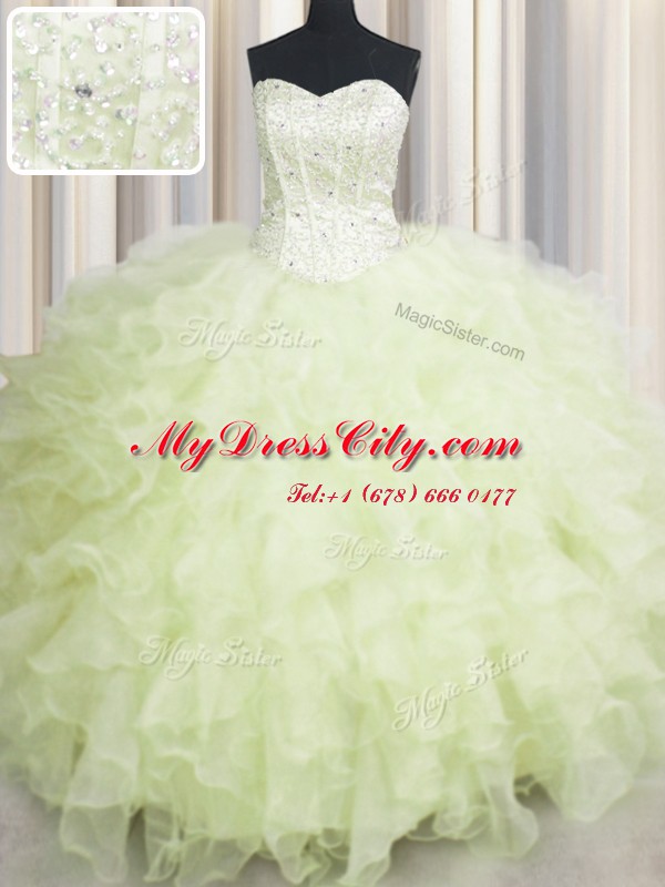 Delicate Yellow Green Ball Gowns Beading and Ruffles 15 Quinceanera Dress Lace Up Organza Sleeveless Floor Length
