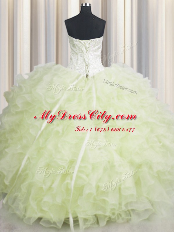 Delicate Yellow Green Ball Gowns Beading and Ruffles 15 Quinceanera Dress Lace Up Organza Sleeveless Floor Length
