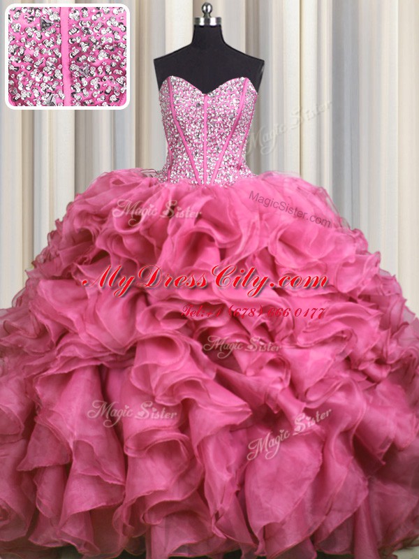 Spectacular Visible Boning Bling-bling Rose Pink Ball Gowns Organza Sweetheart Sleeveless Beading and Ruffles With Train Lace Up Quince Ball Gowns Brush Train