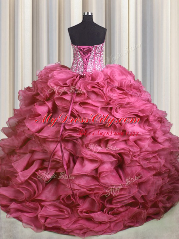 Spectacular Visible Boning Bling-bling Rose Pink Ball Gowns Organza Sweetheart Sleeveless Beading and Ruffles With Train Lace Up Quince Ball Gowns Brush Train