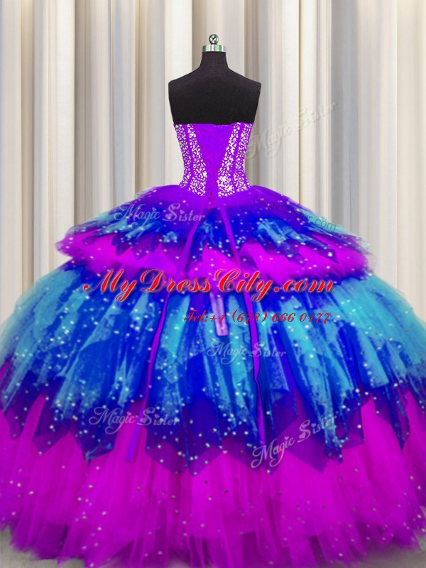 Bling-bling Visible Boning Floor Length Multi-color Sweet 16 Quinceanera Dress Tulle Sleeveless Beading and Ruffles and Ruffled Layers and Sequins