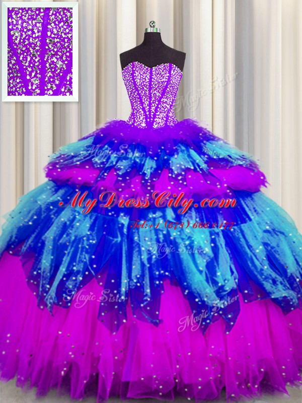 Bling-bling Visible Boning Floor Length Multi-color Sweet 16 Quinceanera Dress Tulle Sleeveless Beading and Ruffles and Ruffled Layers and Sequins