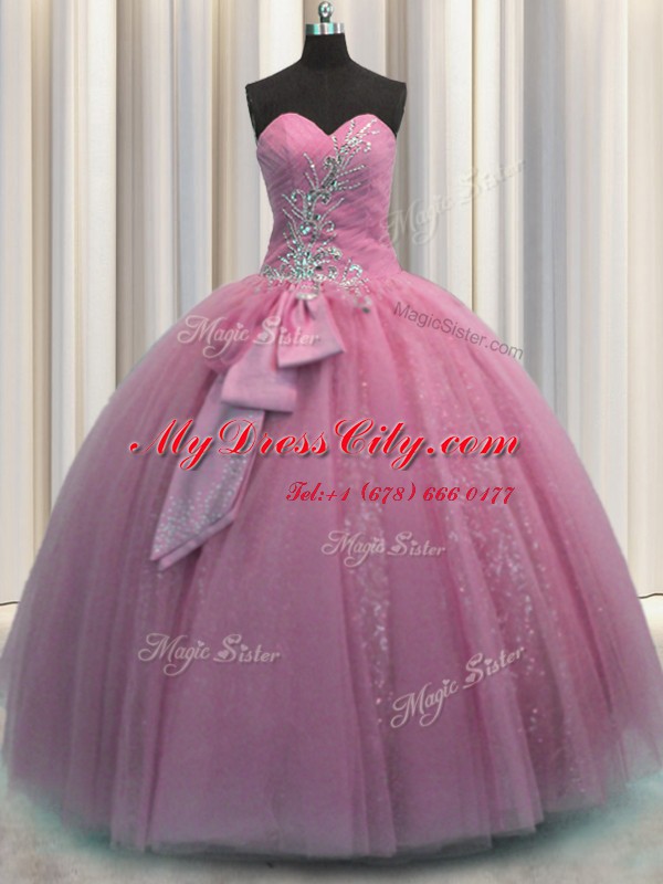 Rose Pink Lace Up Sweetheart Beading and Sequins and Bowknot Quinceanera Gowns Tulle Sleeveless