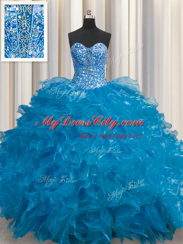 See Through Teal Ball Gowns Organza Sweetheart Sleeveless Beading and Ruffles Floor Length Lace Up 15th Birthday Dress