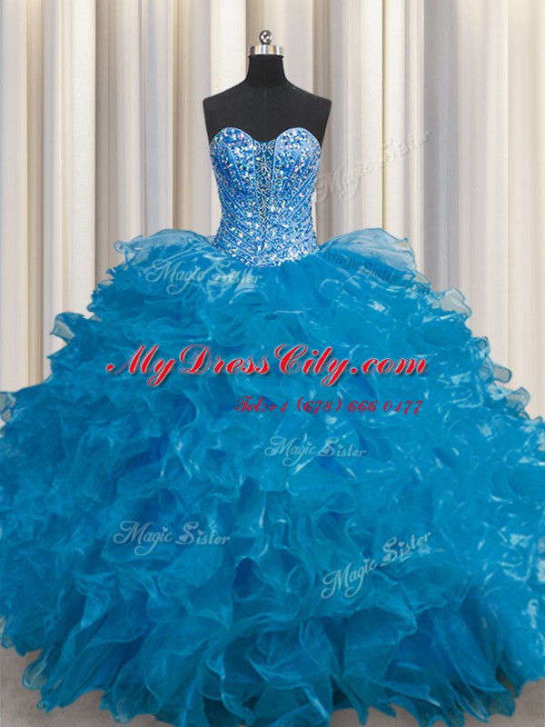 See Through Teal Ball Gowns Organza Sweetheart Sleeveless Beading and Ruffles Floor Length Lace Up 15th Birthday Dress