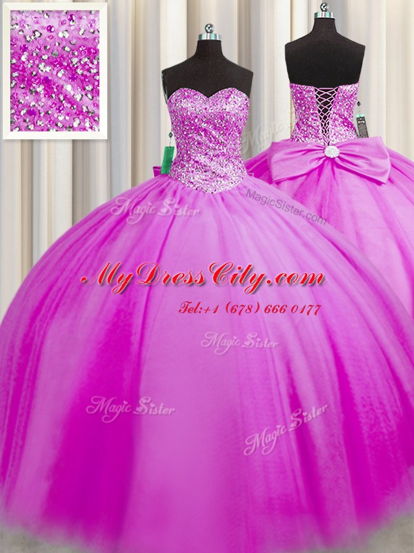 Really Puffy Sleeveless Tulle Floor Length Lace Up Sweet 16 Dress in Fuchsia with Beading