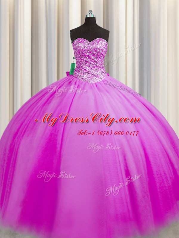 Really Puffy Sleeveless Tulle Floor Length Lace Up Sweet 16 Dress in Fuchsia with Beading