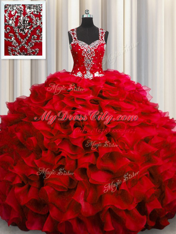 Exceptional Zipple Up See Through Back Wine Red Sleeveless Beading and Ruffles Floor Length Vestidos de Quinceanera