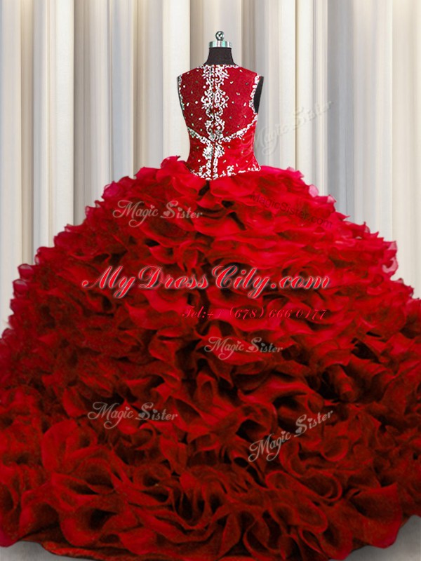 Exceptional Zipple Up See Through Back Wine Red Sleeveless Beading and Ruffles Floor Length Vestidos de Quinceanera