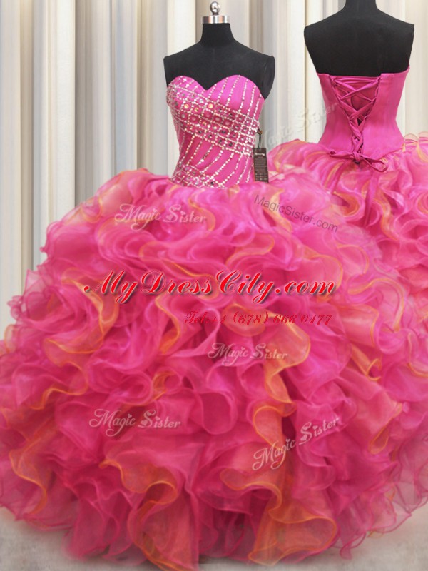 Sleeveless Floor Length Beading and Ruffles Lace Up Vestidos de Quinceanera with Hot Pink