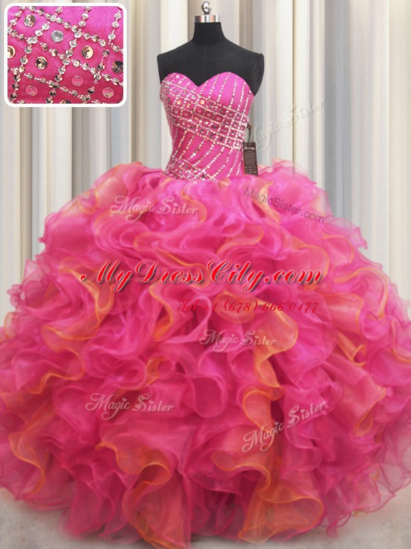 Sleeveless Floor Length Beading and Ruffles Lace Up Vestidos de Quinceanera with Hot Pink