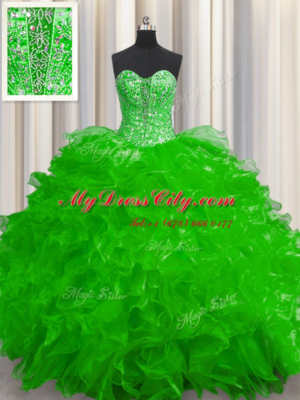 See Through Floor Length 15th Birthday Dress Organza Sleeveless Beading and Ruffles