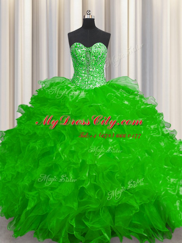 See Through Floor Length 15th Birthday Dress Organza Sleeveless Beading and Ruffles