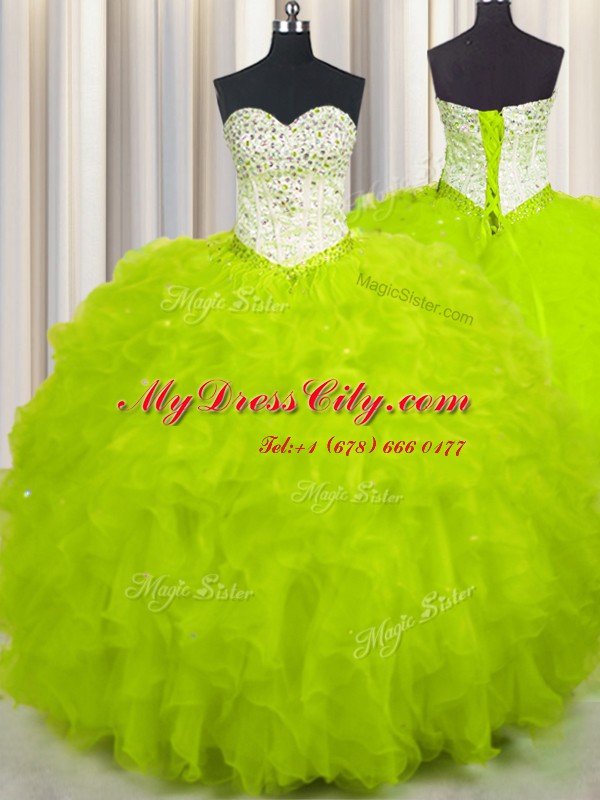 Super Yellow Green Ball Gowns Beading and Ruffles Sweet 16 Dress Lace Up Tulle Sleeveless Floor Length