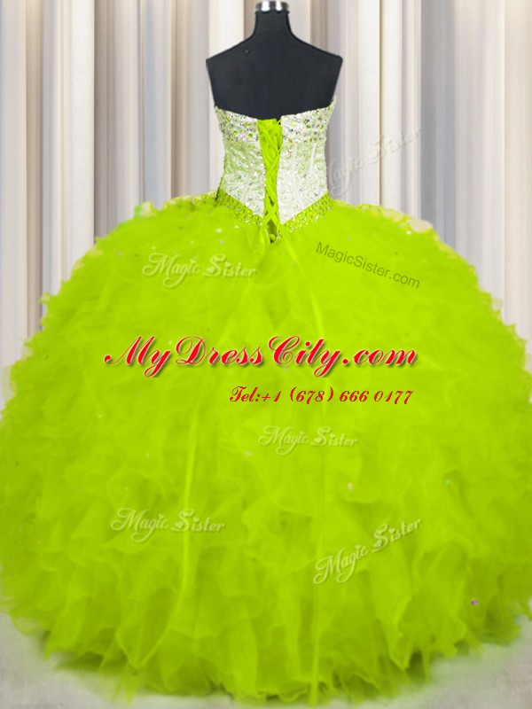 Super Yellow Green Ball Gowns Beading and Ruffles Sweet 16 Dress Lace Up Tulle Sleeveless Floor Length