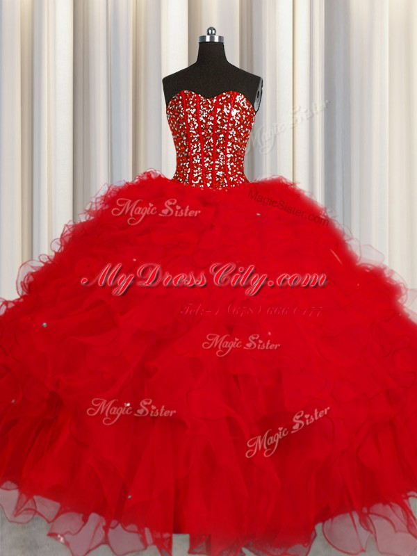 Pretty Visible Boning Red Sweetheart Neckline Beading and Ruffles and Sequins Quinceanera Gown Sleeveless Lace Up