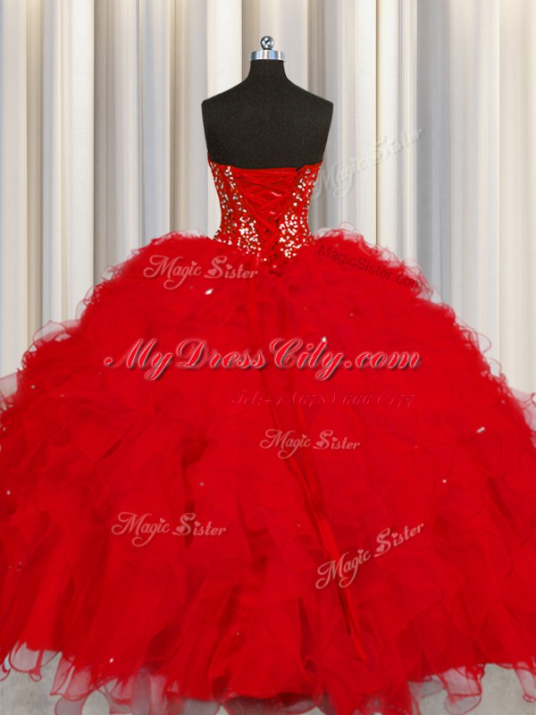 Pretty Visible Boning Red Sweetheart Neckline Beading and Ruffles and Sequins Quinceanera Gown Sleeveless Lace Up