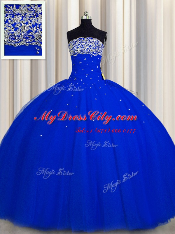 Ideal Really Puffy Strapless Sleeveless Quince Ball Gowns Floor Length Beading and Sequins Royal Blue Tulle