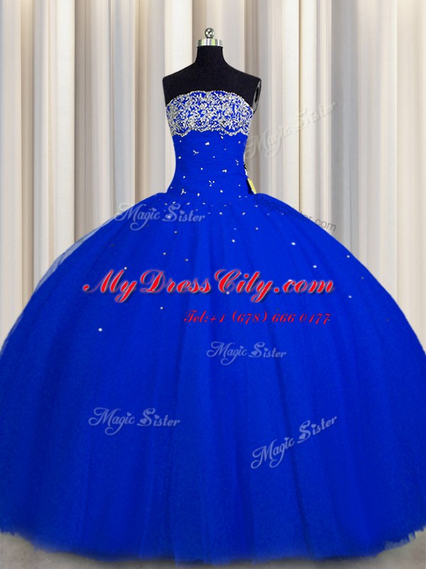 Ideal Really Puffy Strapless Sleeveless Quince Ball Gowns Floor Length Beading and Sequins Royal Blue Tulle