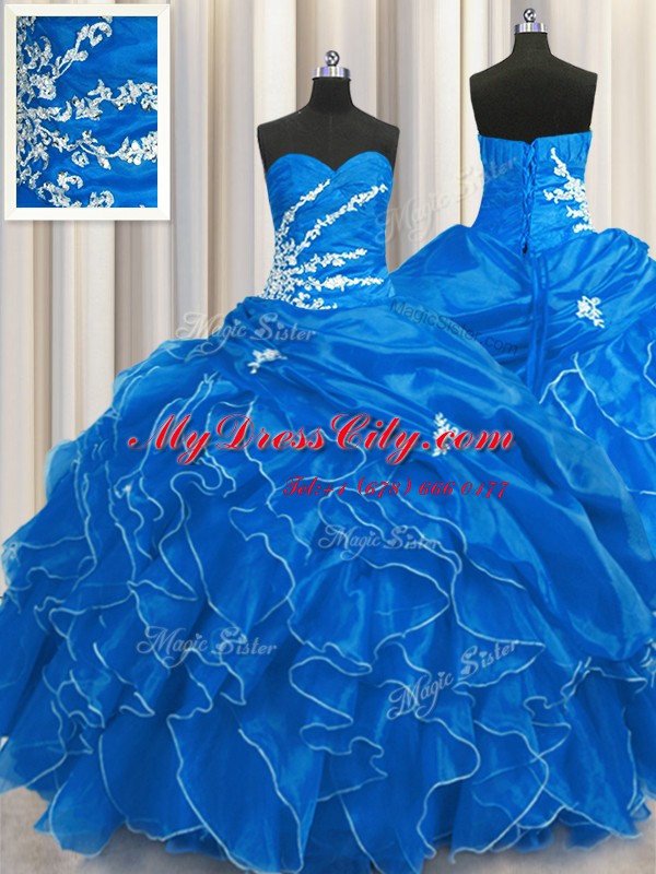 Sleeveless Floor Length Beading and Appliques and Ruffles Lace Up Quinceanera Dress with Blue