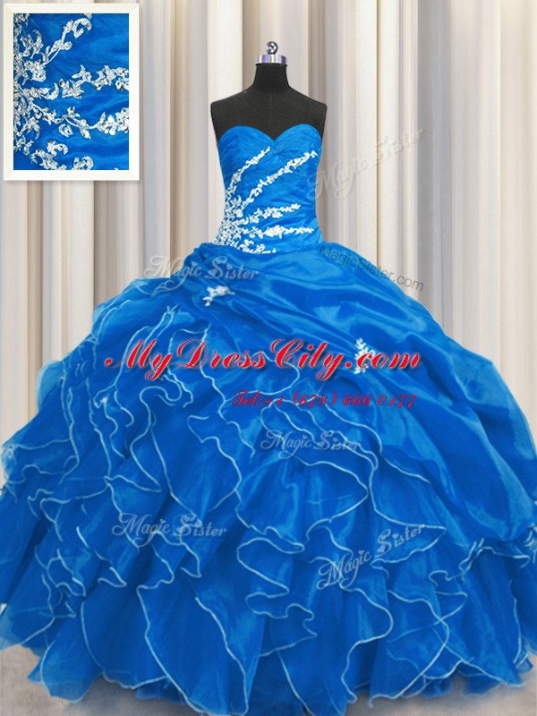 Sleeveless Floor Length Beading and Appliques and Ruffles Lace Up Quinceanera Dress with Blue