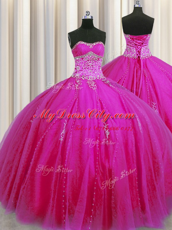 Popular Really Puffy Tulle Sweetheart Sleeveless Lace Up Beading and Appliques Vestidos de Quinceanera in Fuchsia