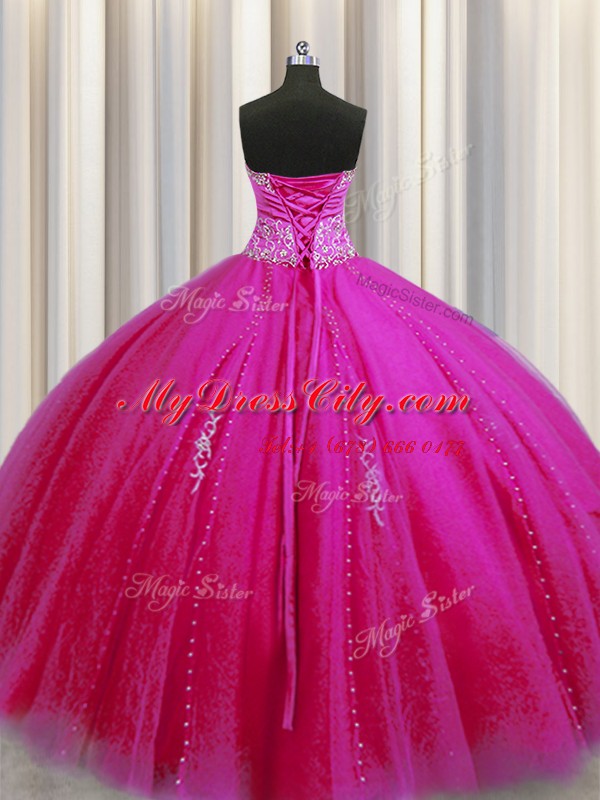 Popular Really Puffy Tulle Sweetheart Sleeveless Lace Up Beading and Appliques Vestidos de Quinceanera in Fuchsia
