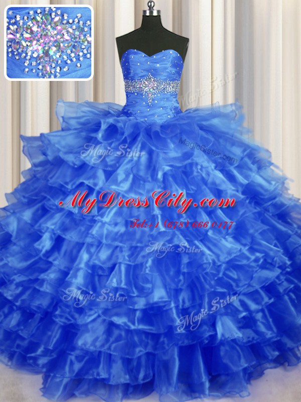 Fashionable Royal Blue Lace Up Sweetheart Beading and Ruffled Layers Quinceanera Dresses Organza Sleeveless