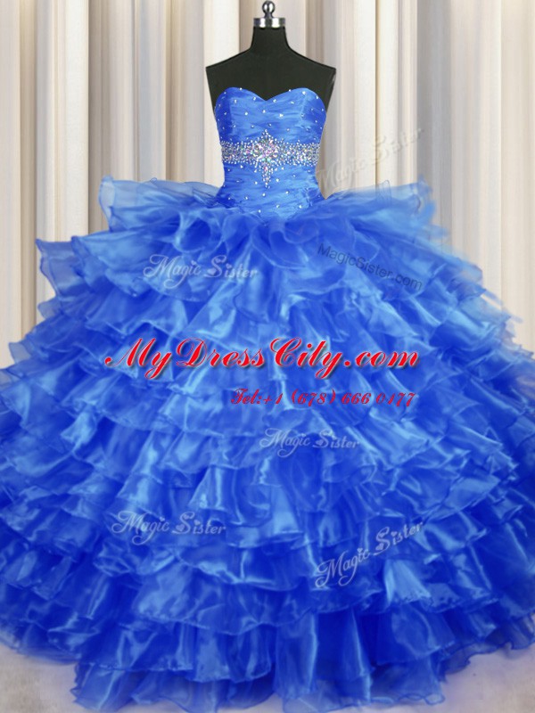 Fashionable Royal Blue Lace Up Sweetheart Beading and Ruffled Layers Quinceanera Dresses Organza Sleeveless