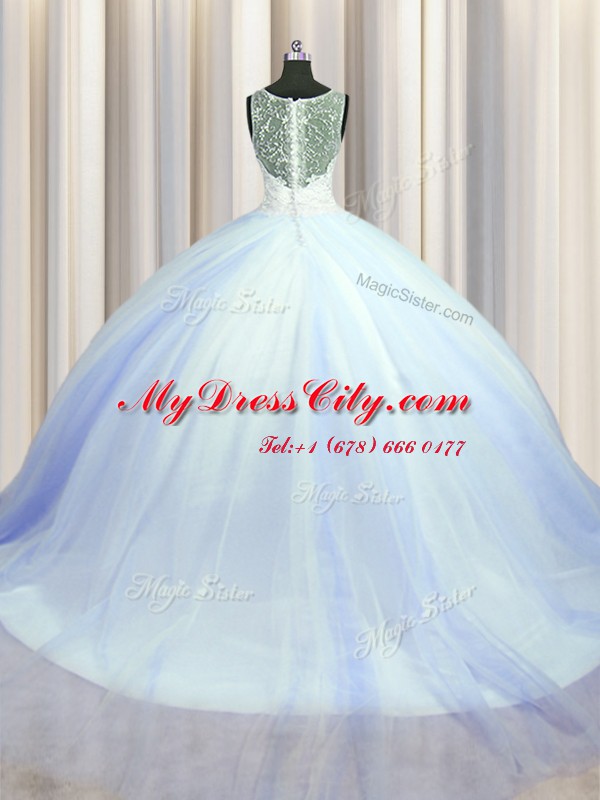 See Through Zipper Up Sleeveless With Train Beading and Appliques Zipper Quinceanera Gowns with Light Blue Brush Train