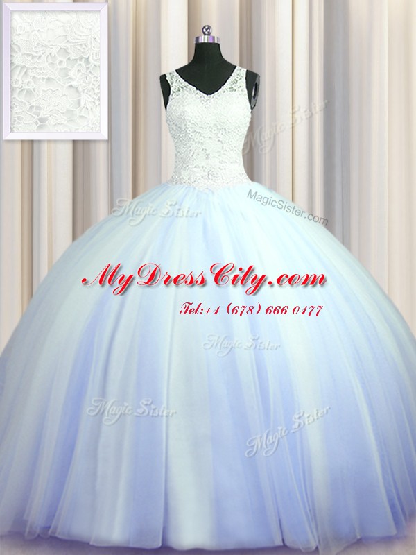 See Through Zipper Up Sleeveless With Train Beading and Appliques Zipper Quinceanera Gowns with Light Blue Brush Train