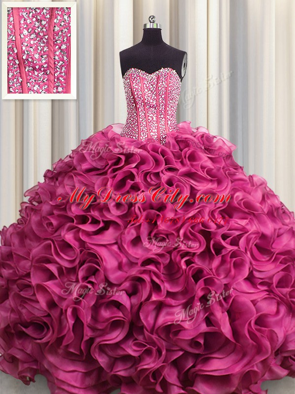 Designer Visible Boning Floor Length Lace Up Quinceanera Dress Hot Pink for Military Ball and Sweet 16 and Quinceanera with Beading and Ruffles