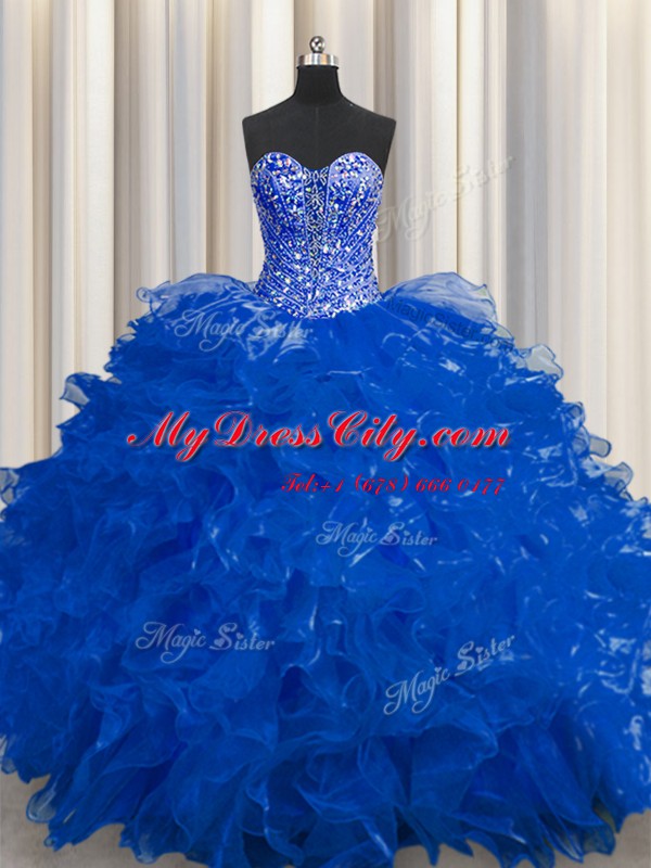 See Through Royal Blue Vestidos de Quinceanera Military Ball and Sweet 16 and Quinceanera and For with Beading and Ruffles Sweetheart Sleeveless Lace Up