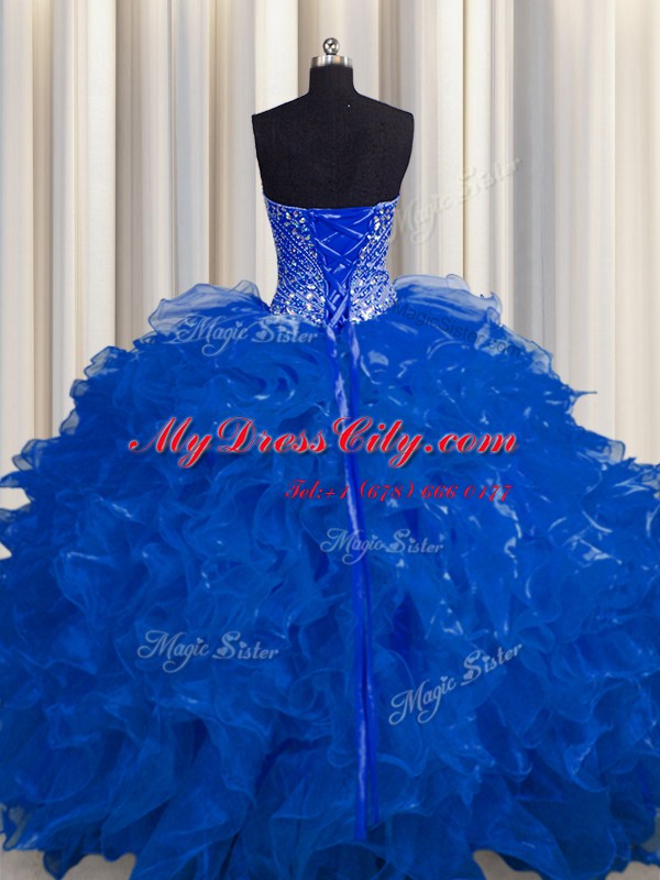 See Through Royal Blue Vestidos de Quinceanera Military Ball and Sweet 16 and Quinceanera and For with Beading and Ruffles Sweetheart Sleeveless Lace Up
