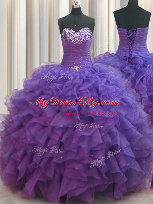 Inexpensive Beaded Bust Purple Ball Gowns Sweetheart Sleeveless Organza Floor Length Lace Up Beading and Ruffles Sweet 16 Dress
