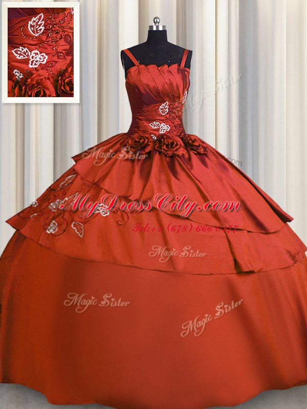 Spaghetti Straps Sleeveless Quinceanera Dresses Floor Length Beading and Embroidery Rust Red Satin