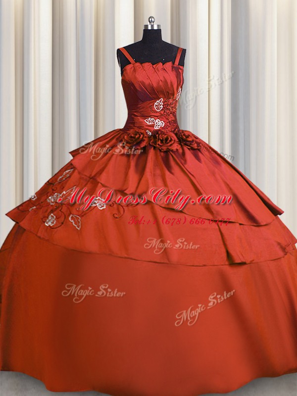 Spaghetti Straps Sleeveless Quinceanera Dresses Floor Length Beading and Embroidery Rust Red Satin