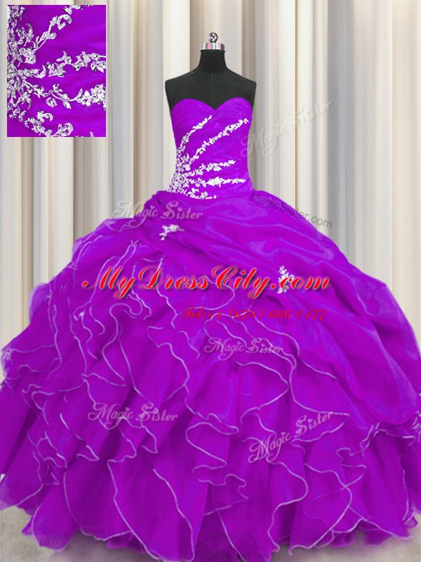 Purple Sweetheart Neckline Beading and Appliques and Ruffles Sweet 16 Dresses Sleeveless Lace Up
