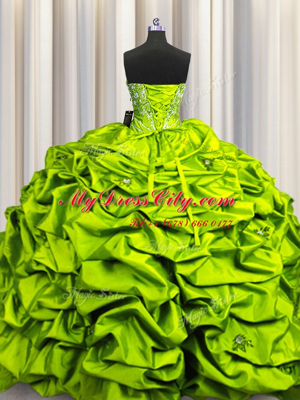 Stylish Olive Green Lace Up Sweetheart Beading and Embroidery and Ruffles and Sequins and Pick Ups Sweet 16 Dresses Taffeta Sleeveless
