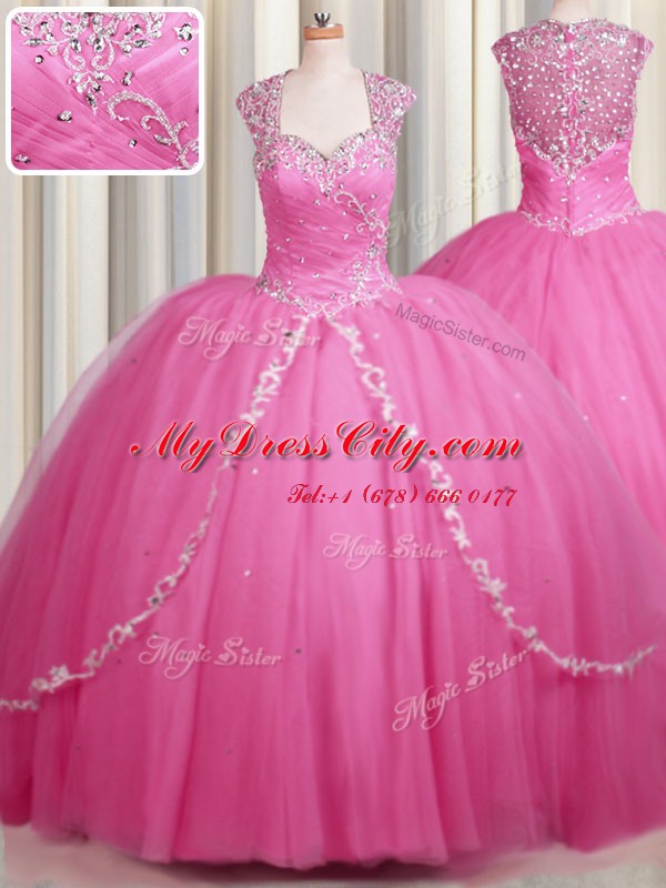 Zipper Up Rose Pink Tulle Zipper Sweet 16 Dress Cap Sleeves With Brush Train Beading and Appliques