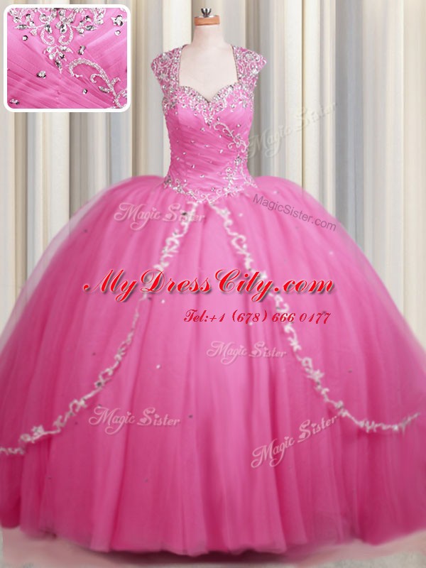 Zipper Up Rose Pink Tulle Zipper Sweet 16 Dress Cap Sleeves With Brush Train Beading and Appliques