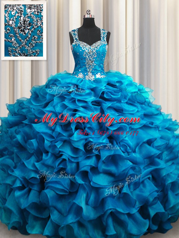 Zipple Up See Through Back Organza Straps Sleeveless Zipper Beading and Ruffles Ball Gown Prom Dress in Teal