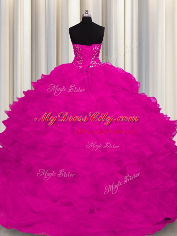 Low Price Beading and Ruffles 15th Birthday Dress Fuchsia Lace Up Sleeveless With Train Sweep Train