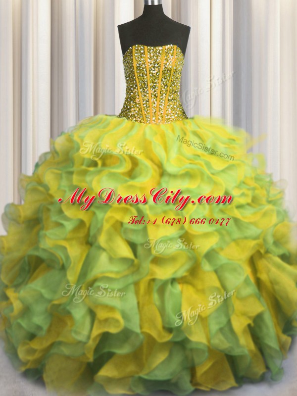 Smart Visible Boning Bling-bling Organza Strapless Sleeveless Lace Up Beading and Ruffles Quinceanera Gown in Multi-color
