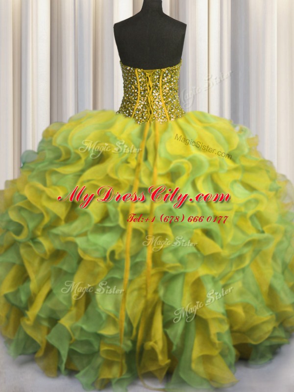 Smart Visible Boning Bling-bling Organza Strapless Sleeveless Lace Up Beading and Ruffles Quinceanera Gown in Multi-color