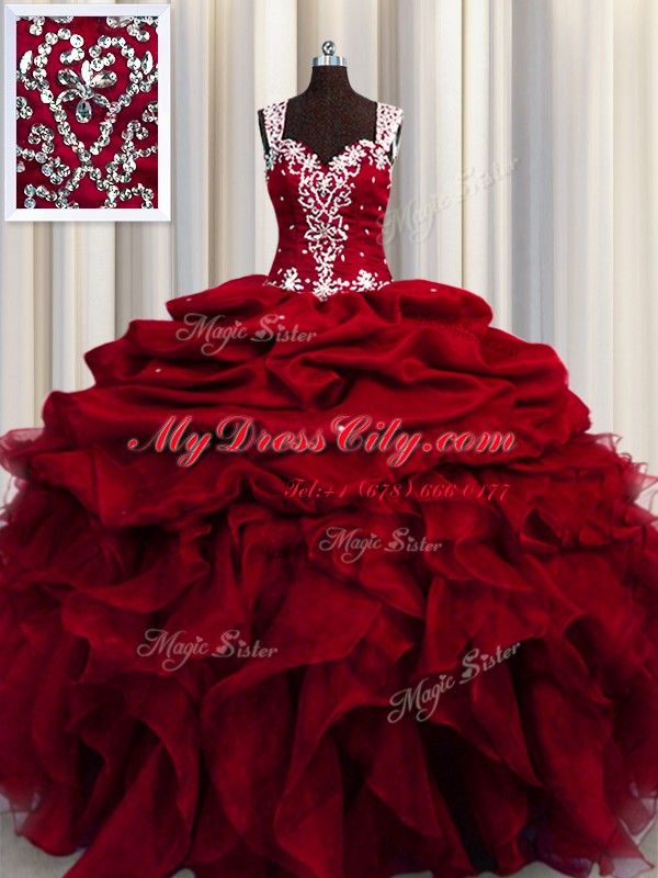 See Through Straps Sleeveless Organza Sweet 16 Quinceanera Dress Beading and Ruffles and Sequins Zipper