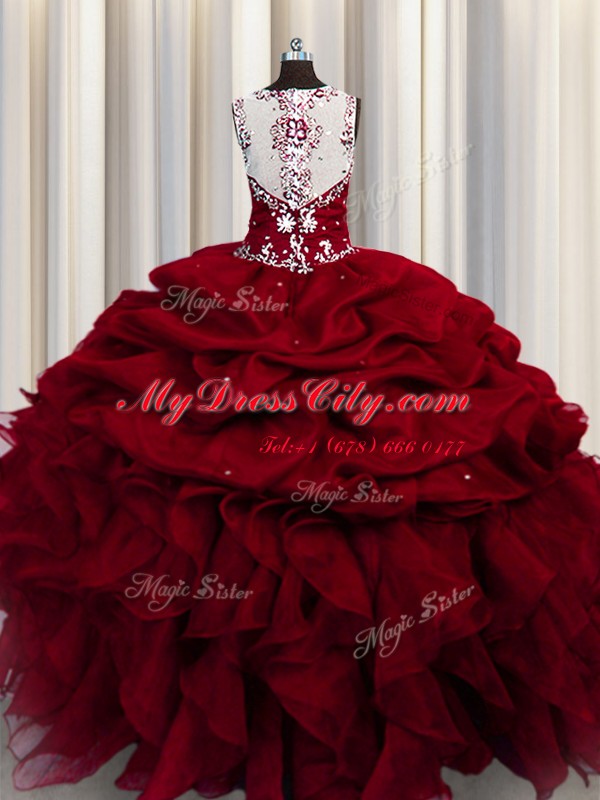 See Through Straps Sleeveless Organza Sweet 16 Quinceanera Dress Beading and Ruffles and Sequins Zipper