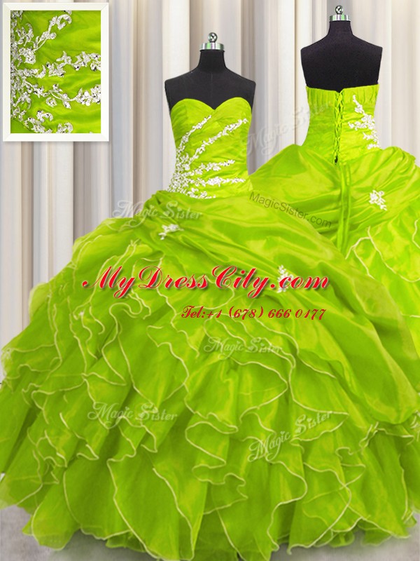Sleeveless Floor Length Beading and Appliques and Ruffles Lace Up Ball Gown Prom Dress with