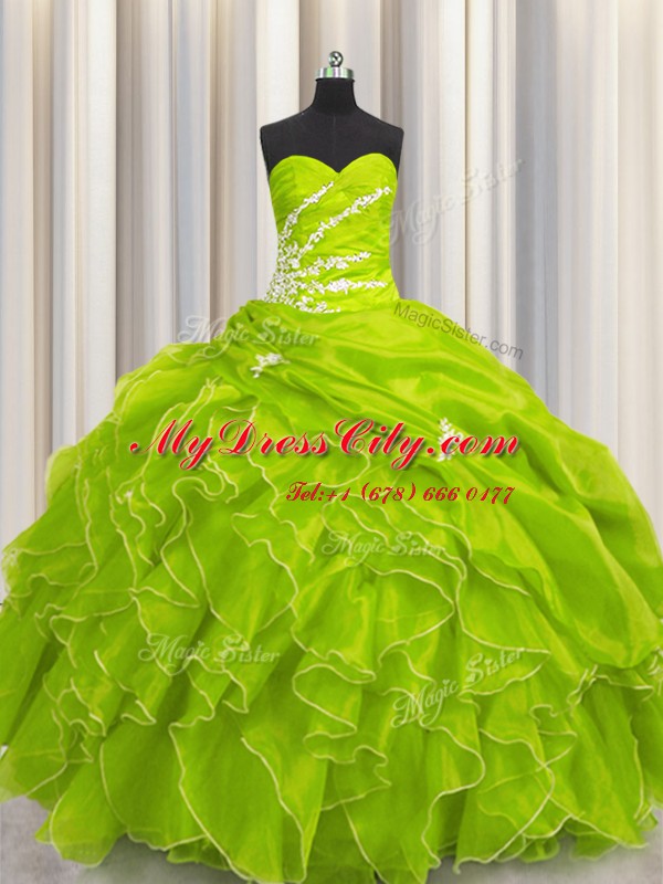Sleeveless Floor Length Beading and Appliques and Ruffles Lace Up Ball Gown Prom Dress with