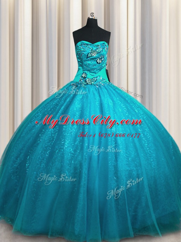 Sequined Teal Quinceanera Dress For with Beading and Appliques Sweetheart Sleeveless Lace Up